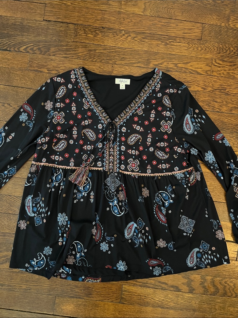 Style & Co. Black Paisley Tassel V-Neck Peasant Tunic